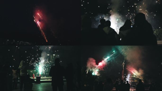4K元宵节城市燃放烟花庆祝的人群合集