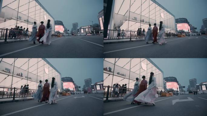 汉服女子走在杭州湖滨步行街