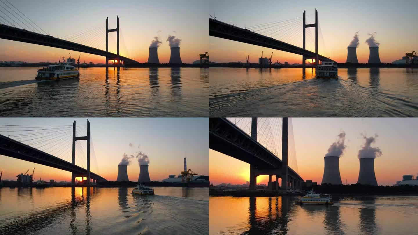 航拍夕阳下绝美闵浦大桥渡轮4k