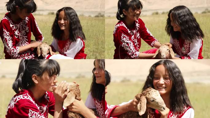 新疆牧民孩子草场牧羊玩耍