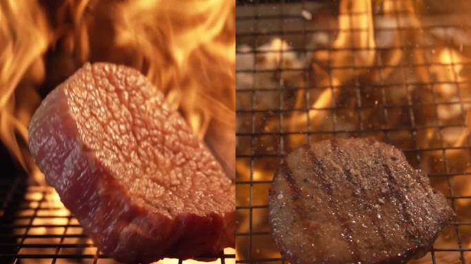 火烤牛排炭火烤肉高速美食烹饪竖屏