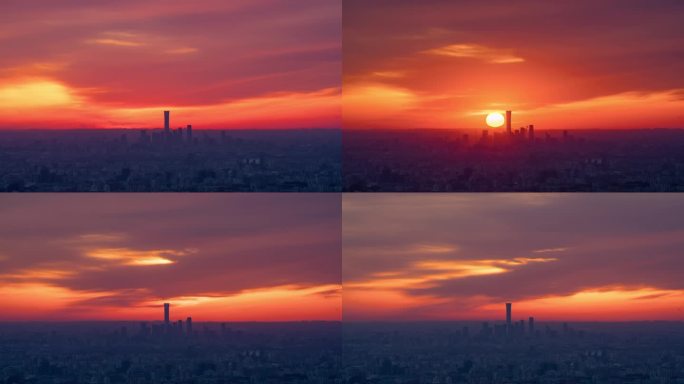 俯瞰北京CBD日出壮观早霞太阳把天都染红