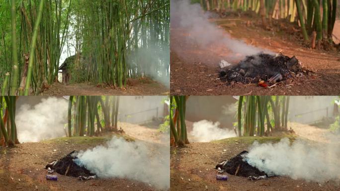 农村竹林中焚烧的垃圾丨4K丨原创实拍
