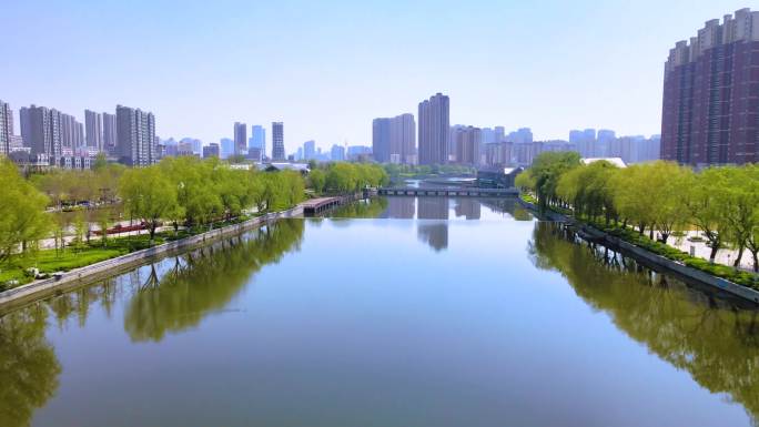 初春城市河道生态航拍 公园景观
