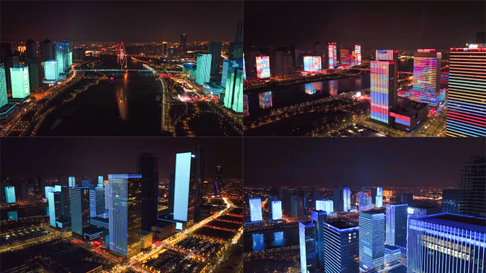 天津于家堡滨海新区CBD写字楼航拍夜景
