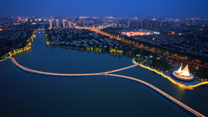 苏州金水湾栈桥夜景航拍