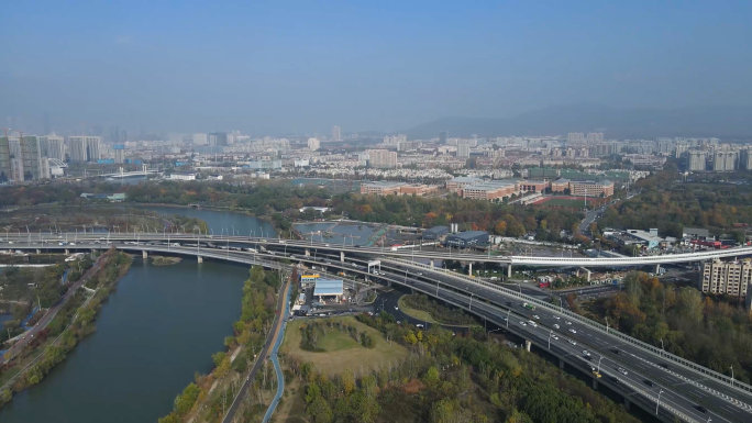 航拍南京大校场 学校 湿地公园