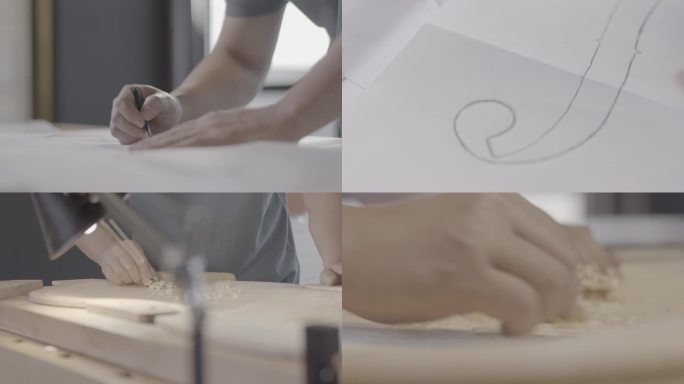 设计师画图铅笔手绘乐器零件摆放手工艺生产