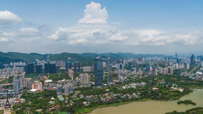 深圳南山福田市中心CBD蓝天白云航拍延时