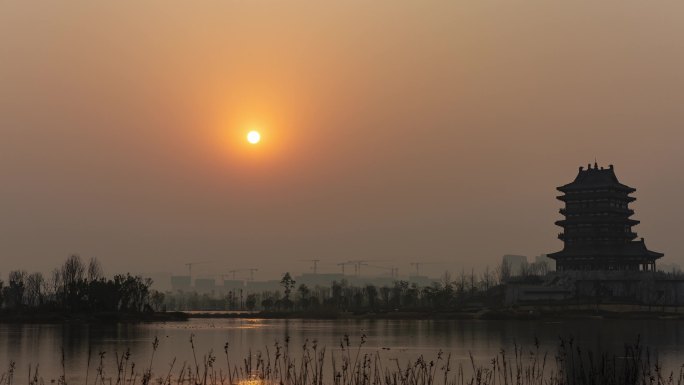 成都东安湖体育公园东安阁日出朝阳水面晨光