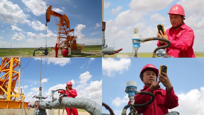 石油工人使用手持智能设备检修设备