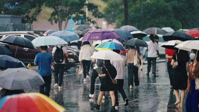 下雨暴雨大雨城市撑伞上班族白领人群劳动者