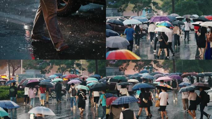 下雨暴雨大雨城市撑伞上班族白领人群劳动者