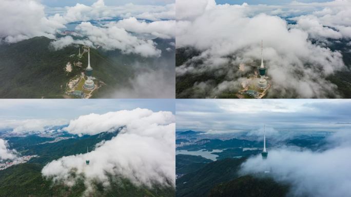 深圳梧桐山风景区山顶电视塔云海航拍延时