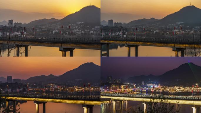 原创洪江古商城大桥大范围日转夜延时摄影