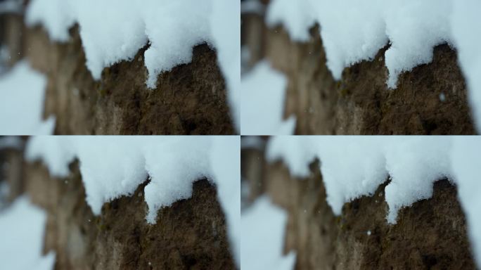 下雪天 雪景 雪融化 农村土墙积雪