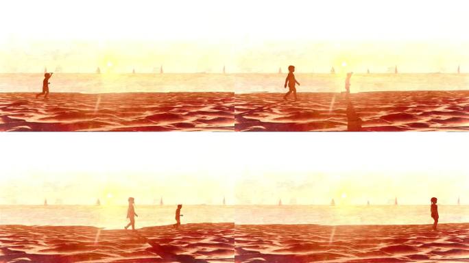 手绘风格童年开心的姐姐弟弟在沙滩玩耍奔跑