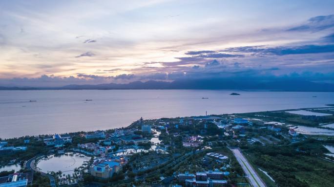 珠海金湾平沙海泉湾度假区火烧云夜景航拍