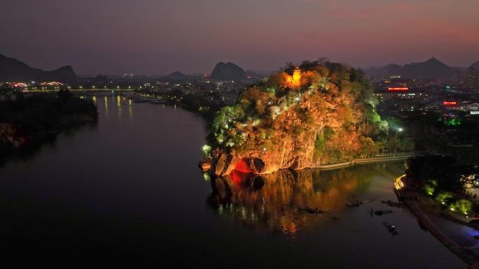 桂林象山景区漓江竹筏夜景4K航拍