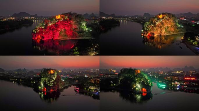 桂林象山景区漓江竹筏夜景4K航拍