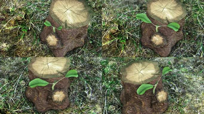 树桩木桩发芽生长过程延时三维动画视频素材