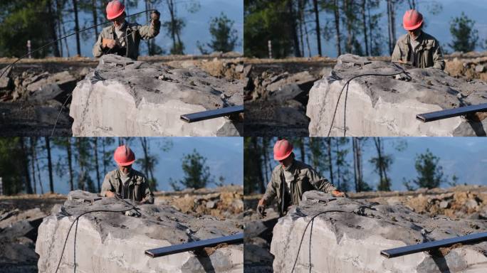 工人测量大理石石材