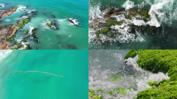 航拍海浪拍打礁石绿藻苔藓赤潮蓝天海洋保护