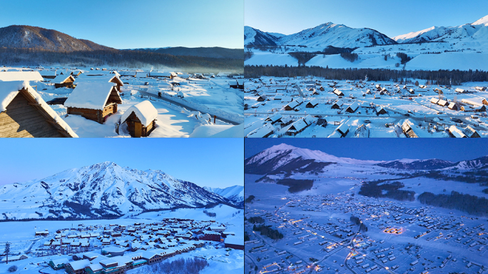 航拍新疆禾木村冬日雪景