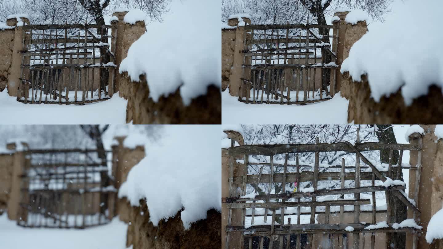 下雪天 农村 篱笆门 雪景 年代 乡村