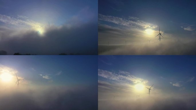 阳光映射晨雾中的风力发电 张北草原天路