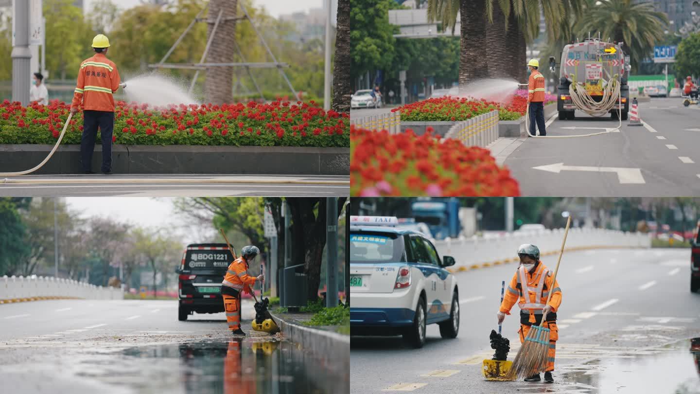 4K实拍环卫工人扫地洒水车清洁马路浇花