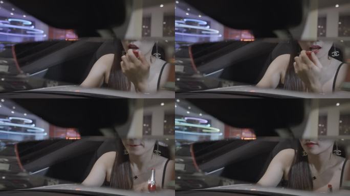 4K美女女司机汽车内后视镜涂口红