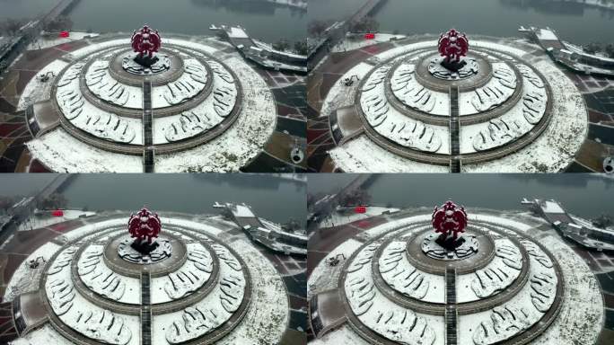 航拍江苏南京凤凰广场下雪