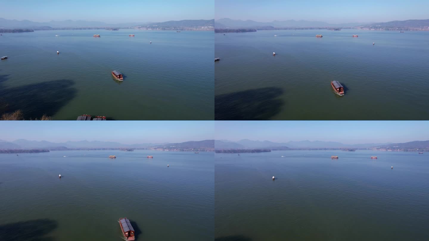 航拍杭州西湖游船