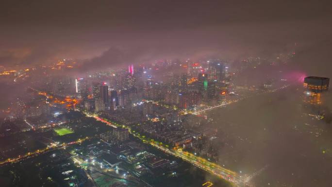 航拍深圳福田中心夜景云海延时