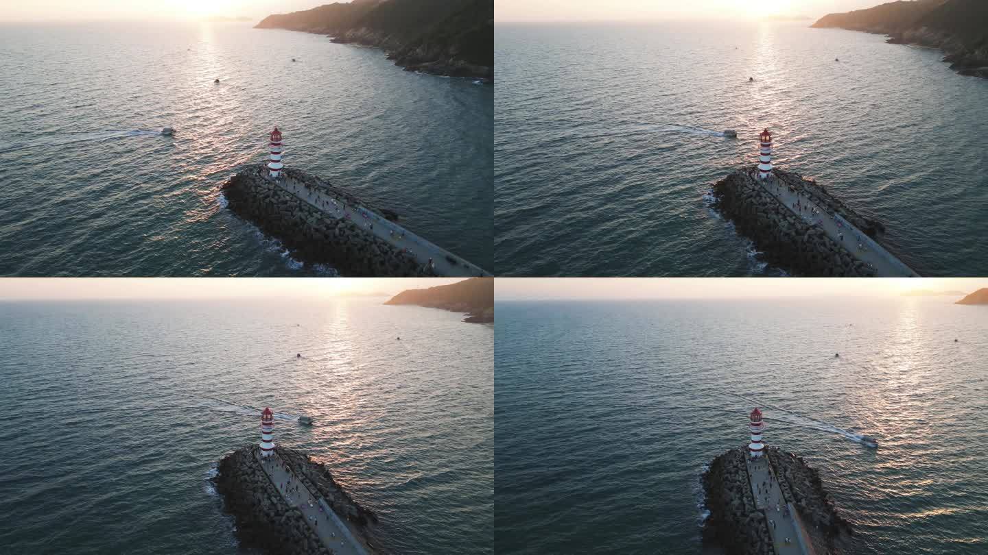 【航拍4K】落日灯塔，海上渔船
