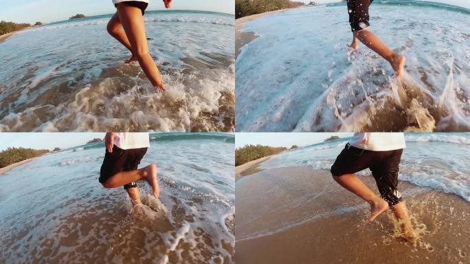 少年海边沙滩光脚奔跑慢动作