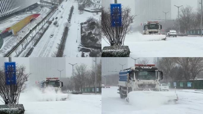 下雪 铲雪车 除雪车 下雪街道 航拍下雪
