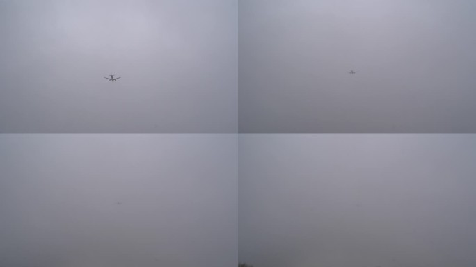 阴天一架飞机飞过头顶飞向远方消失在云里
