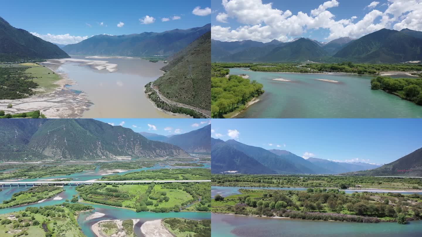西藏林芝河谷河流蓝天白云地理景观航拍