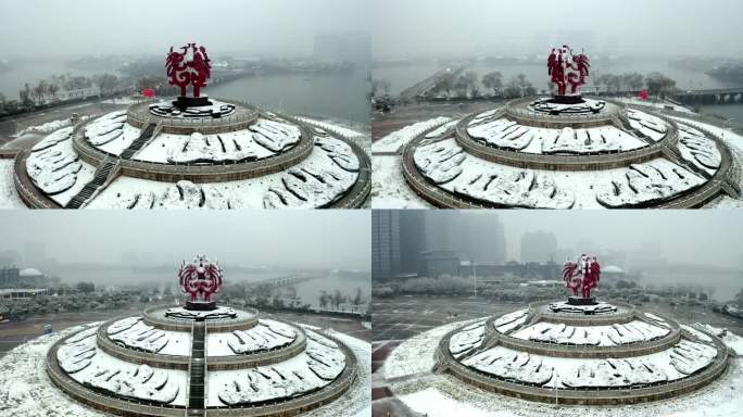 航拍江苏南京凤凰广场下雪