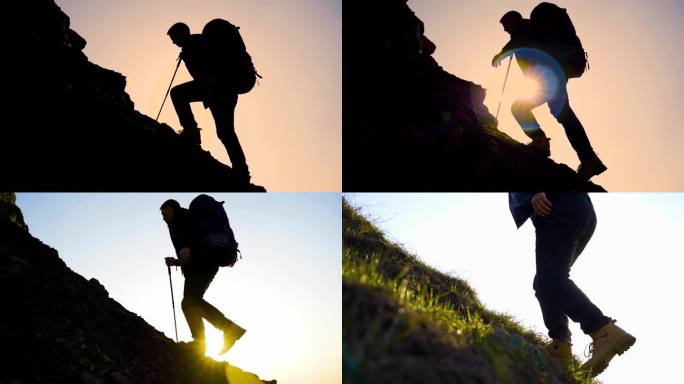 徒步登山逆光攀登山坡草地登山鞋 登山包