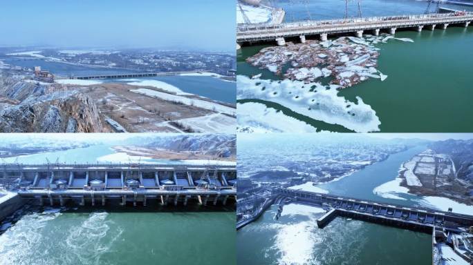 8段素材：航拍冬季青铜峡黄河水利枢纽雪景