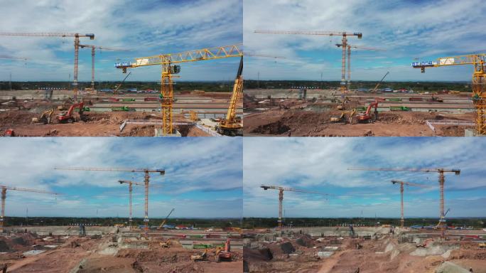 航拍荆门西站高铁站施工