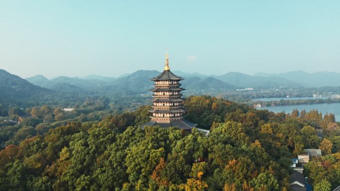 航拍西湖雷峰塔