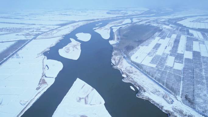 10段素材：航拍大雪覆盖宁夏黄河河道