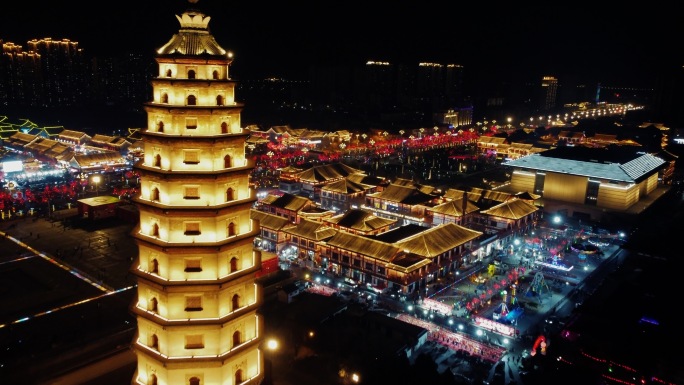 河北定州元宵节庙会夜景航拍开元寺塔