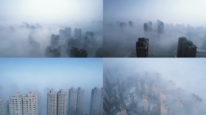 被晨雾包裹的城市楼群