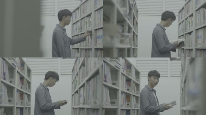 【4K灰度】大学男生图书馆看书书架找书
