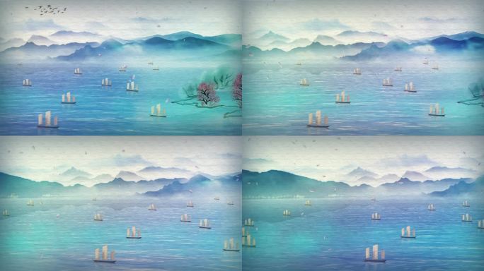 美景山水中国画帆船意境